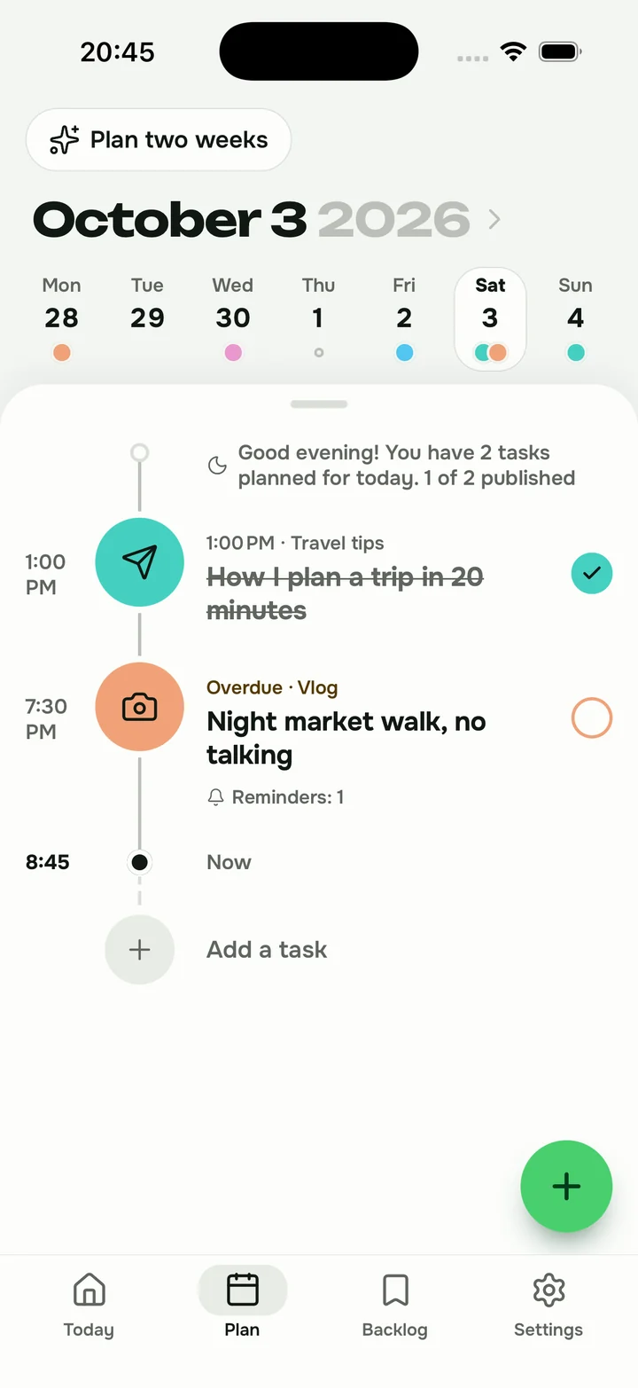 The Plan screen: the day’s tasks on a timeline